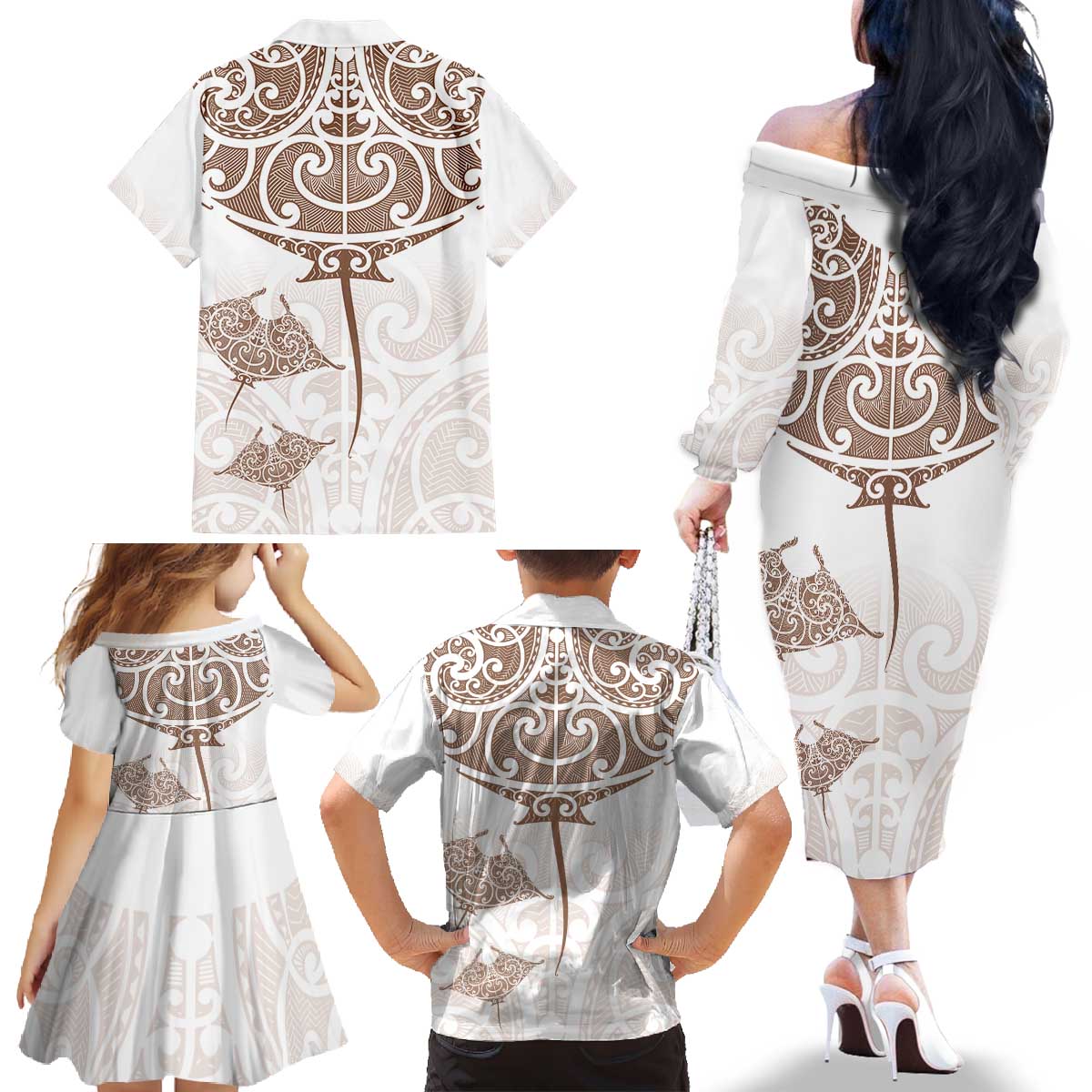 New Zealand Manta Ray Tattoo Family Matching Off The Shoulder Long Sleeve Dress and Hawaiian Shirt Aotearoa Maori Haehae Beige - Vibe Hoodie