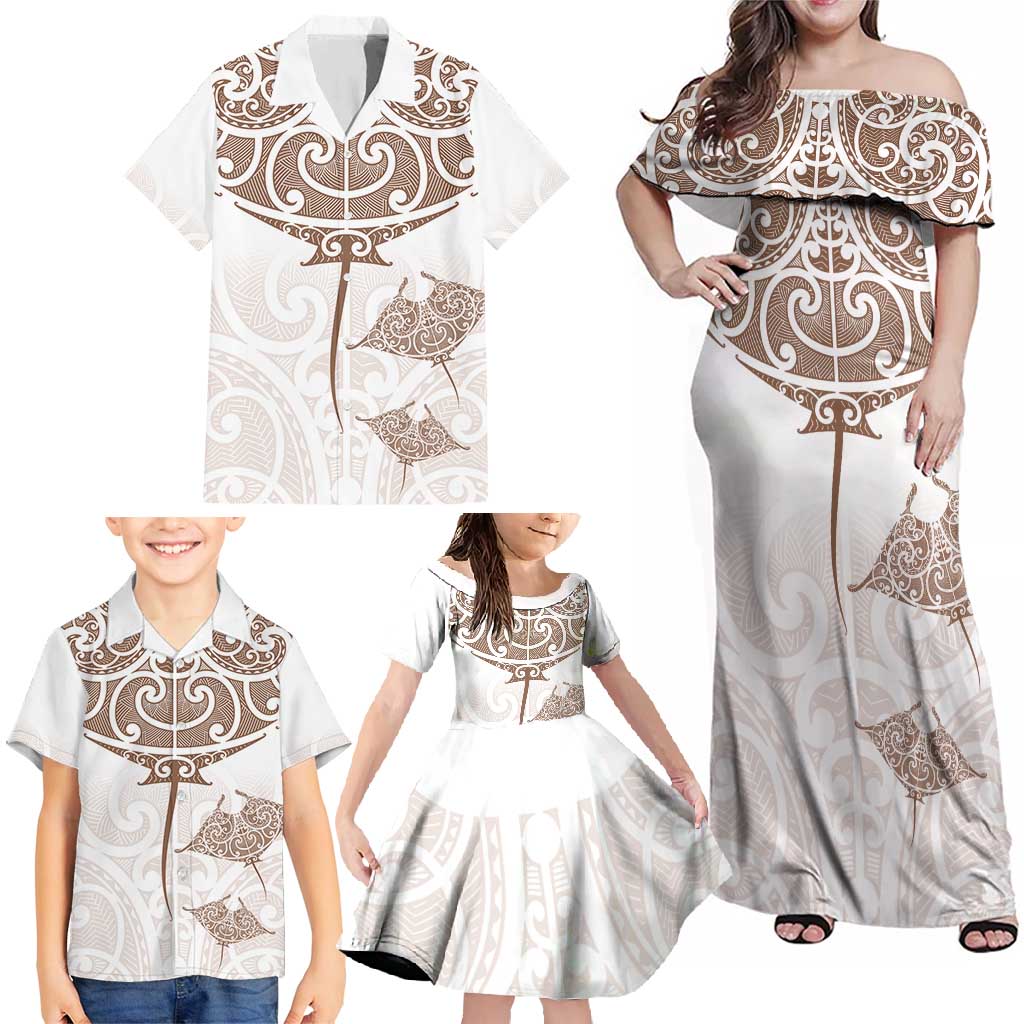 New Zealand Manta Ray Tattoo Family Matching Off Shoulder Maxi Dress and Hawaiian Shirt Aotearoa Maori Haehae Beige - Vibe Hoodie