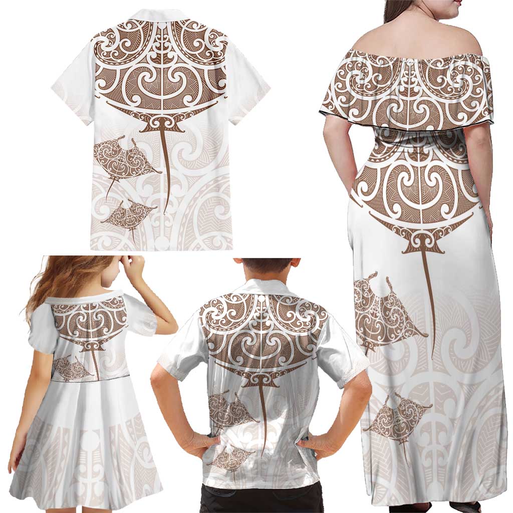 New Zealand Manta Ray Tattoo Family Matching Off Shoulder Maxi Dress and Hawaiian Shirt Aotearoa Maori Haehae Beige - Vibe Hoodie