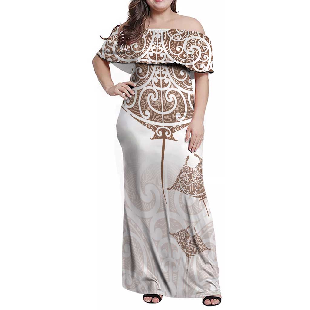 New Zealand Manta Ray Tattoo Family Matching Off Shoulder Maxi Dress and Hawaiian Shirt Aotearoa Maori Haehae Beige - Vibe Hoodie