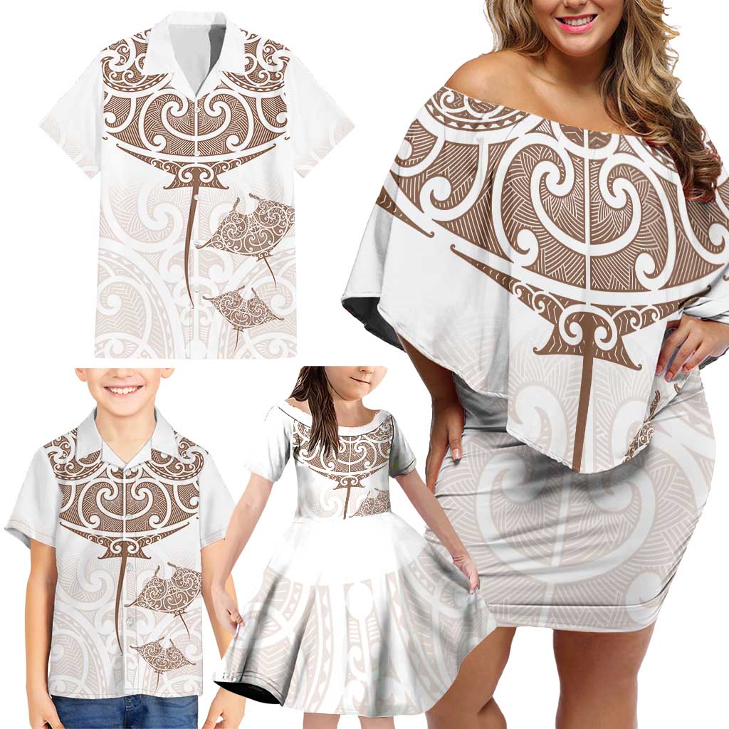 New Zealand Manta Ray Tattoo Family Matching Off Shoulder Short Dress and Hawaiian Shirt Aotearoa Maori Haehae Beige - Vibe Hoodie