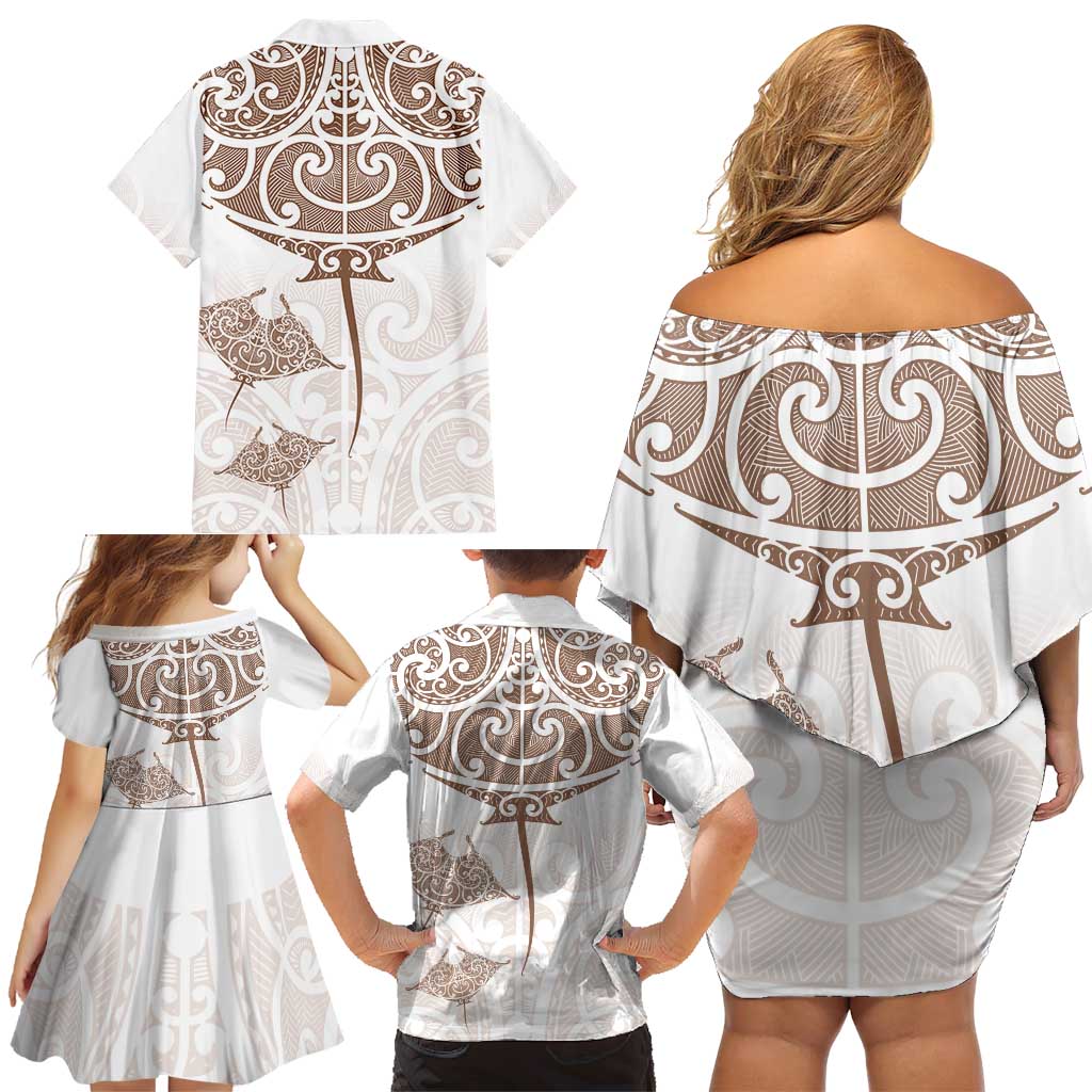 New Zealand Manta Ray Tattoo Family Matching Off Shoulder Short Dress and Hawaiian Shirt Aotearoa Maori Haehae Beige - Vibe Hoodie