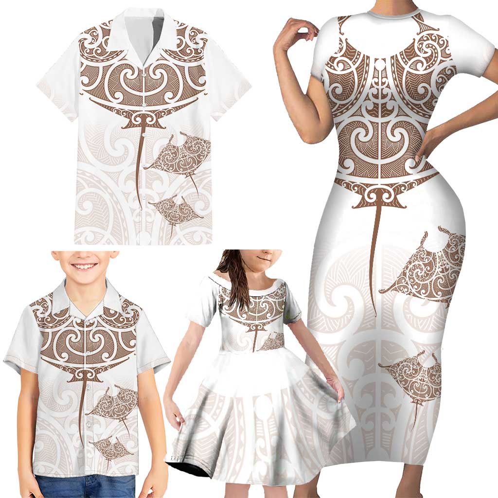 New Zealand Manta Ray Tattoo Family Matching Short Sleeve Bodycon Dress and Hawaiian Shirt Aotearoa Maori Haehae Beige - Vibe Hoodie