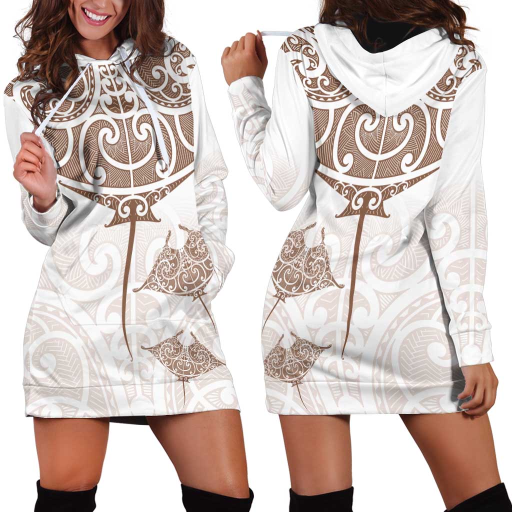 New Zealand Manta Ray Tattoo Hoodie Dress Aotearoa Maori Haehae Beige - Vibe Hoodie