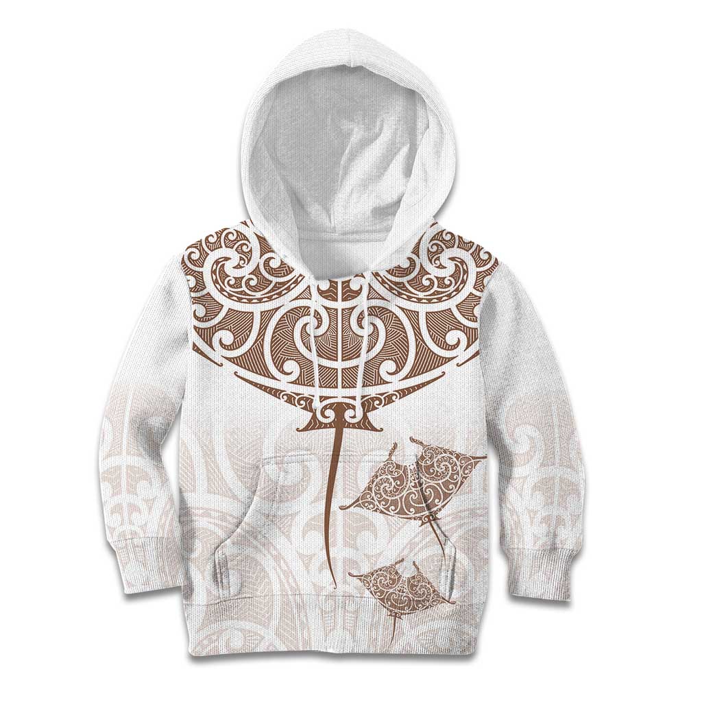 New Zealand Manta Ray Tattoo Kid Hoodie Aotearoa Maori Haehae Beige - Vibe Hoodie