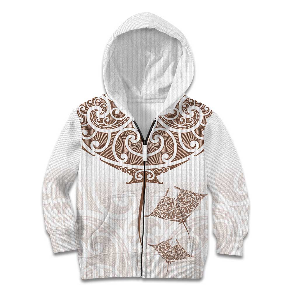 New Zealand Manta Ray Tattoo Kid Hoodie Aotearoa Maori Haehae Beige - Vibe Hoodie