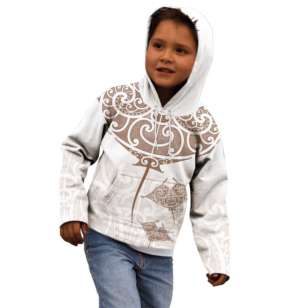New Zealand Manta Ray Tattoo Kid Hoodie Aotearoa Maori Haehae Beige - Vibe Hoodie