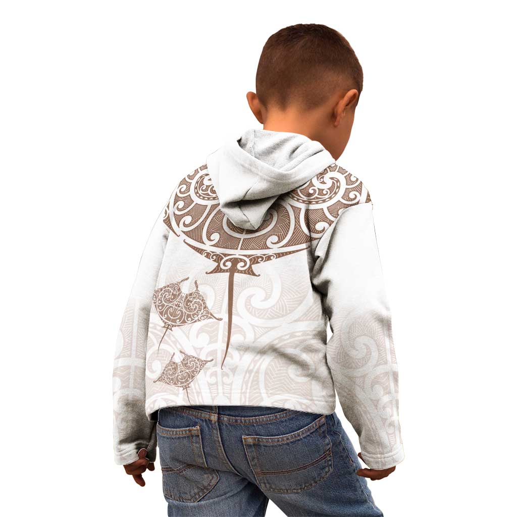 New Zealand Manta Ray Tattoo Kid Hoodie Aotearoa Maori Haehae Beige - Vibe Hoodie