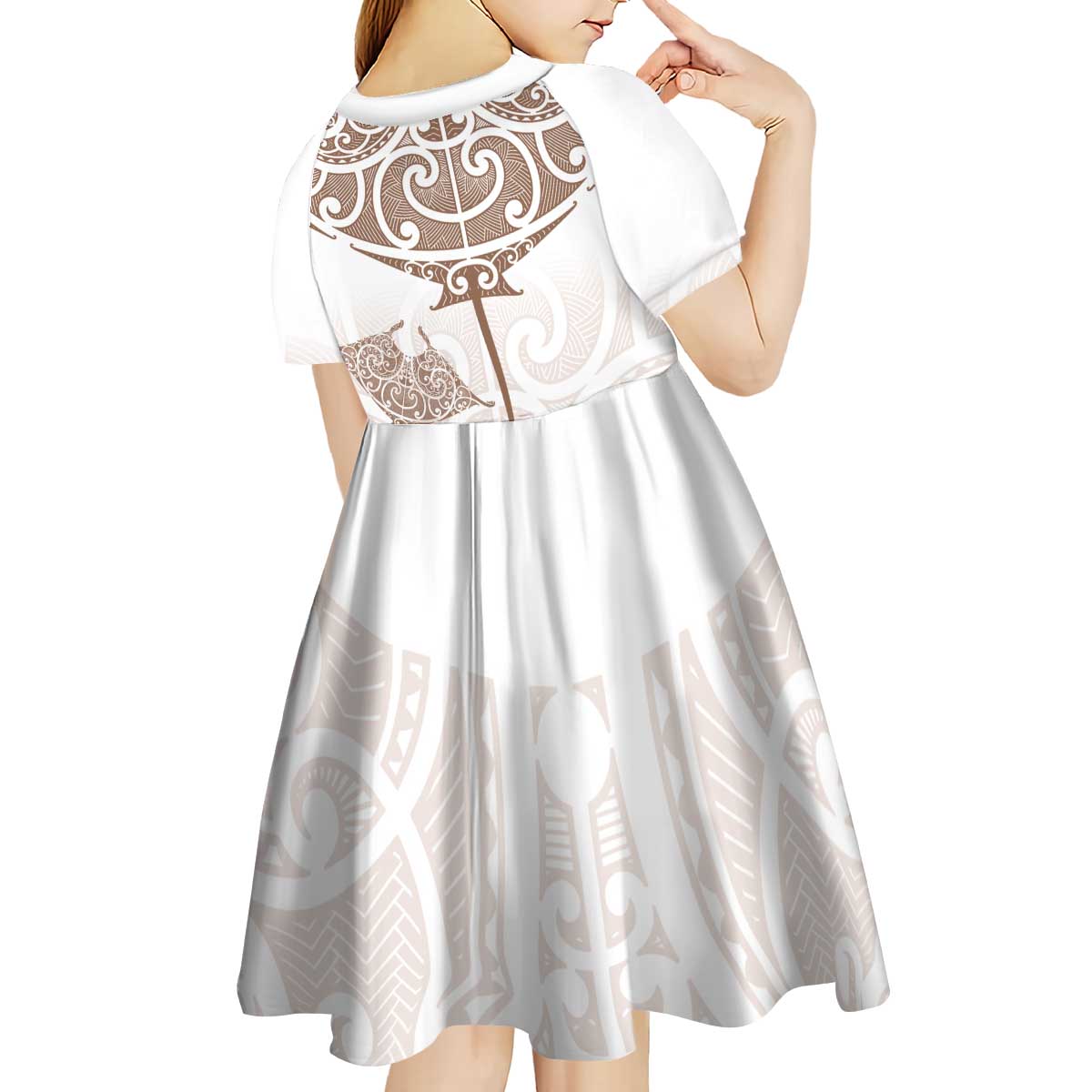 New Zealand Manta Ray Tattoo Kid Short Sleeve Dress Aotearoa Maori Haehae Beige - Vibe Hoodie