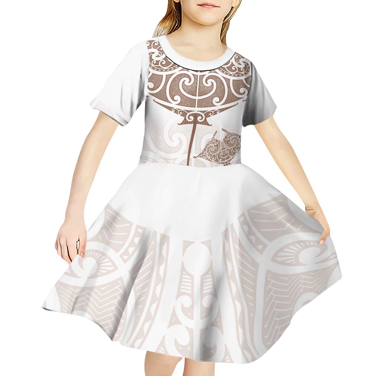 New Zealand Manta Ray Tattoo Kid Short Sleeve Dress Aotearoa Maori Haehae Beige - Vibe Hoodie