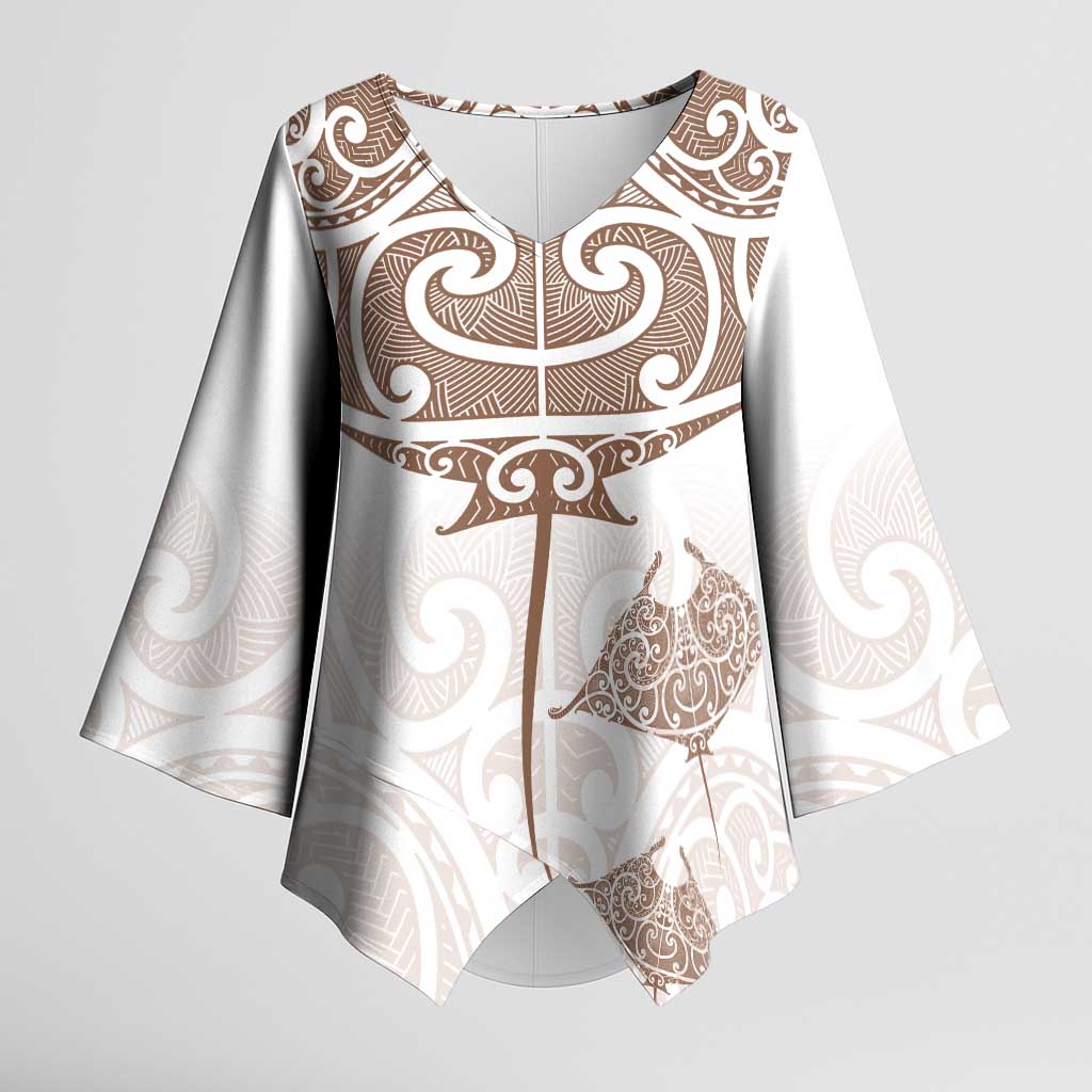 New Zealand Manta Ray Tattoo Kimono Sleeve Blouse Aotearoa Maori Haehae Beige - Vibe Hoodie