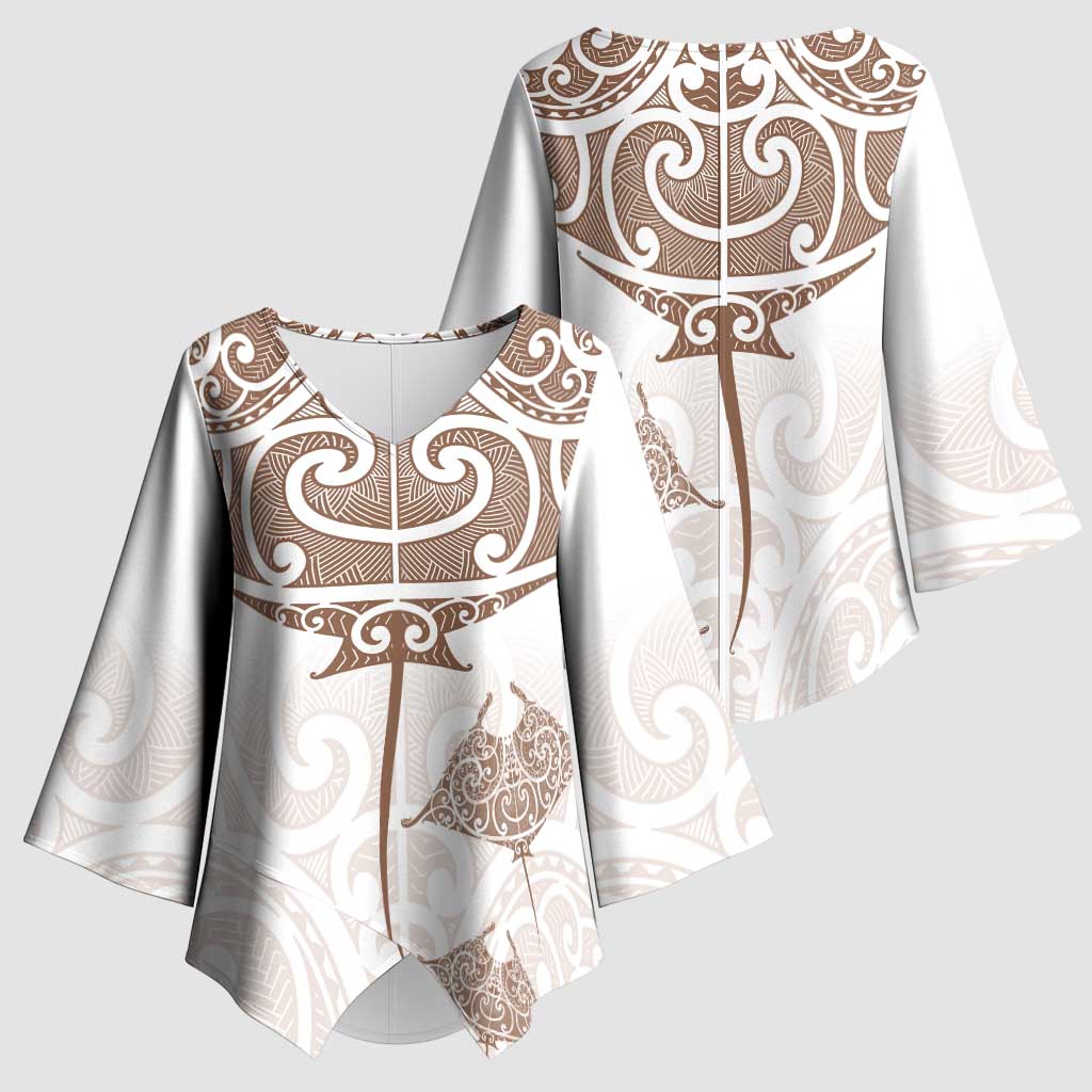 New Zealand Manta Ray Tattoo Kimono Sleeve Blouse Aotearoa Maori Haehae Beige - Vibe Hoodie