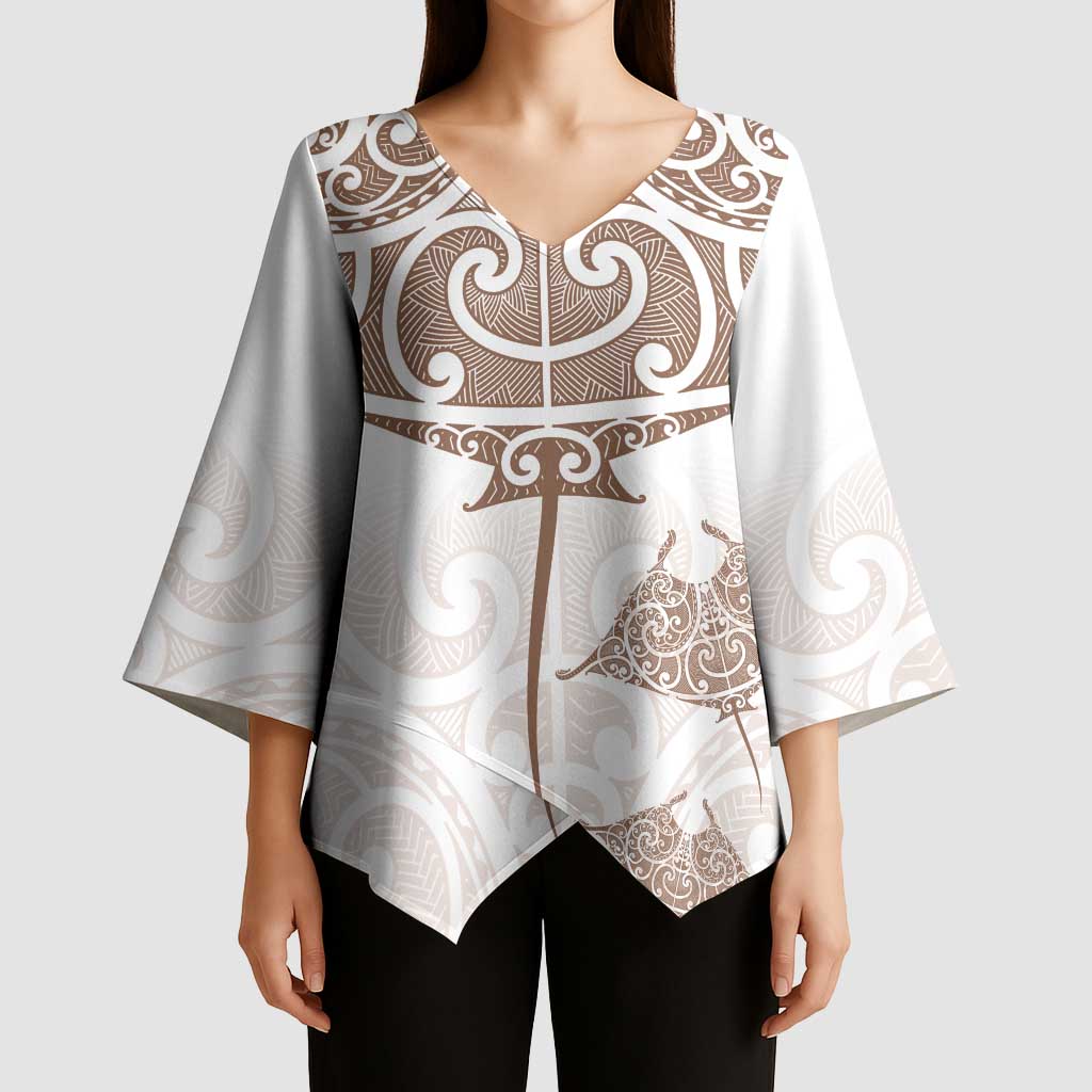 New Zealand Manta Ray Tattoo Kimono Sleeve Blouse Aotearoa Maori Haehae Beige - Vibe Hoodie