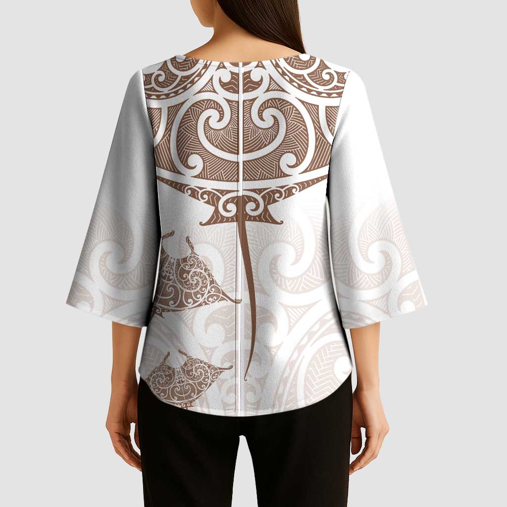 New Zealand Manta Ray Tattoo Kimono Sleeve Blouse Aotearoa Maori Haehae Beige - Vibe Hoodie