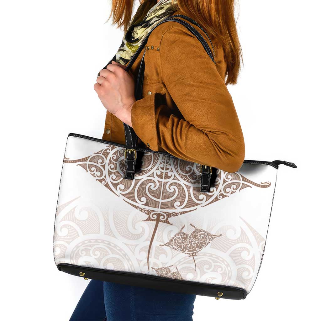 New Zealand Manta Ray Tattoo Leather Tote Bag Aotearoa Maori Haehae Beige - Vibe Hoodie