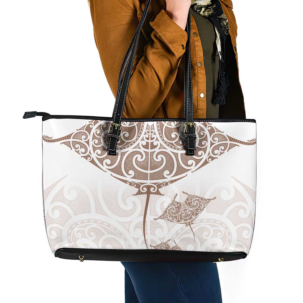 New Zealand Manta Ray Tattoo Leather Tote Bag Aotearoa Maori Haehae Beige - Vibe Hoodie