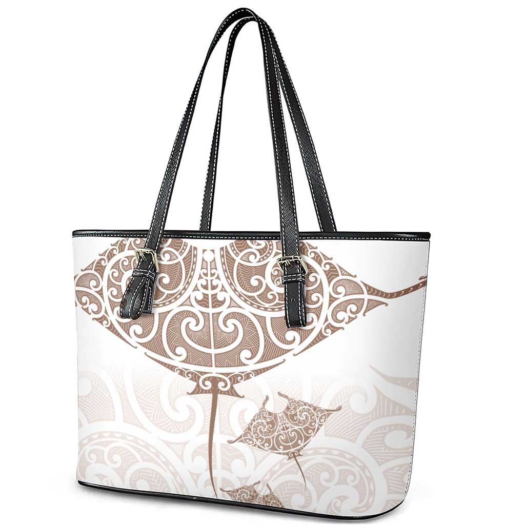 New Zealand Manta Ray Tattoo Leather Tote Bag Aotearoa Maori Haehae Beige - Vibe Hoodie