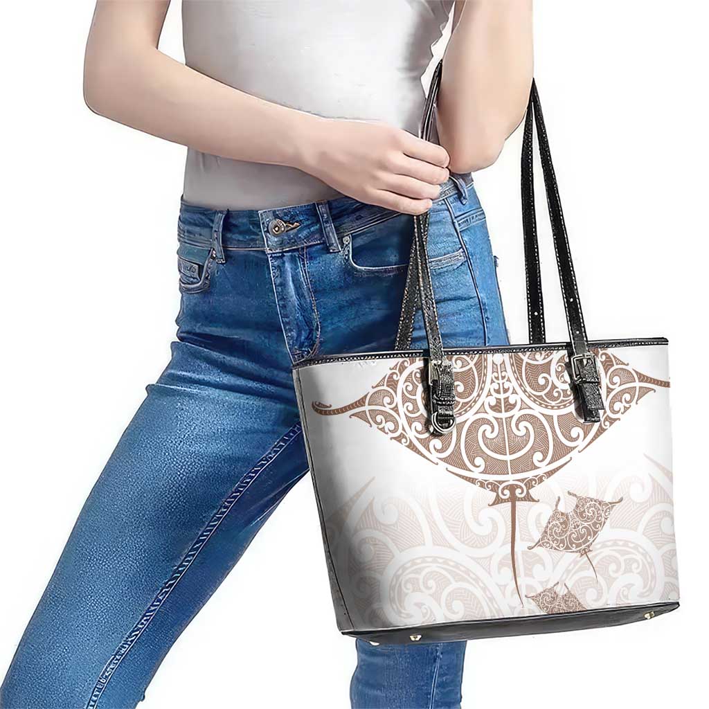 New Zealand Manta Ray Tattoo Leather Tote Bag Aotearoa Maori Haehae Beige - Vibe Hoodie