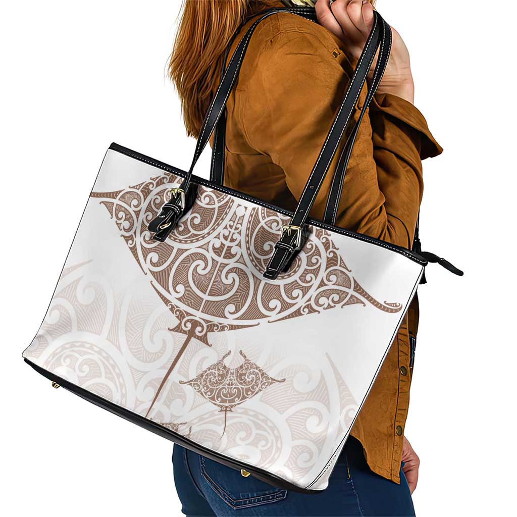 New Zealand Manta Ray Tattoo Leather Tote Bag Aotearoa Maori Haehae Beige - Vibe Hoodie