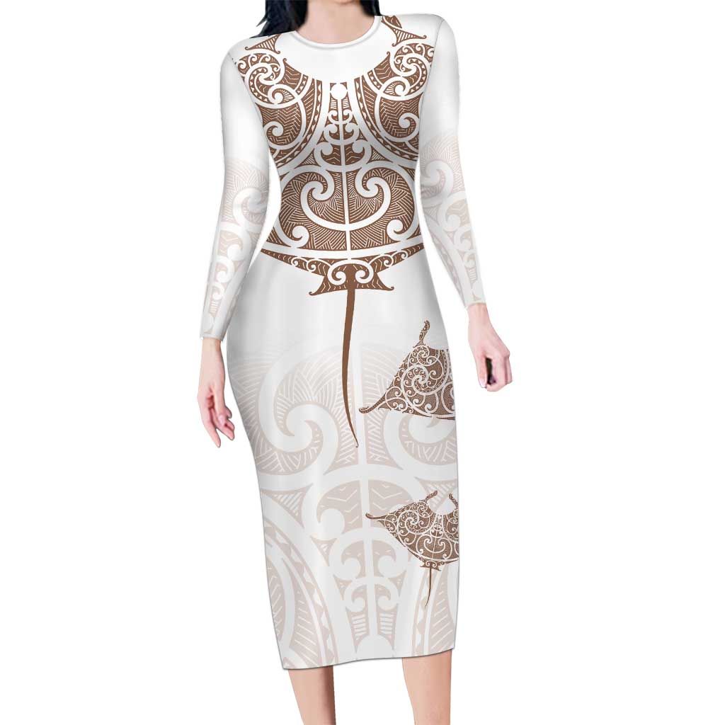 New Zealand Manta Ray Tattoo Long Sleeve Bodycon Dress Aotearoa Maori Haehae Beige - Vibe Hoodie