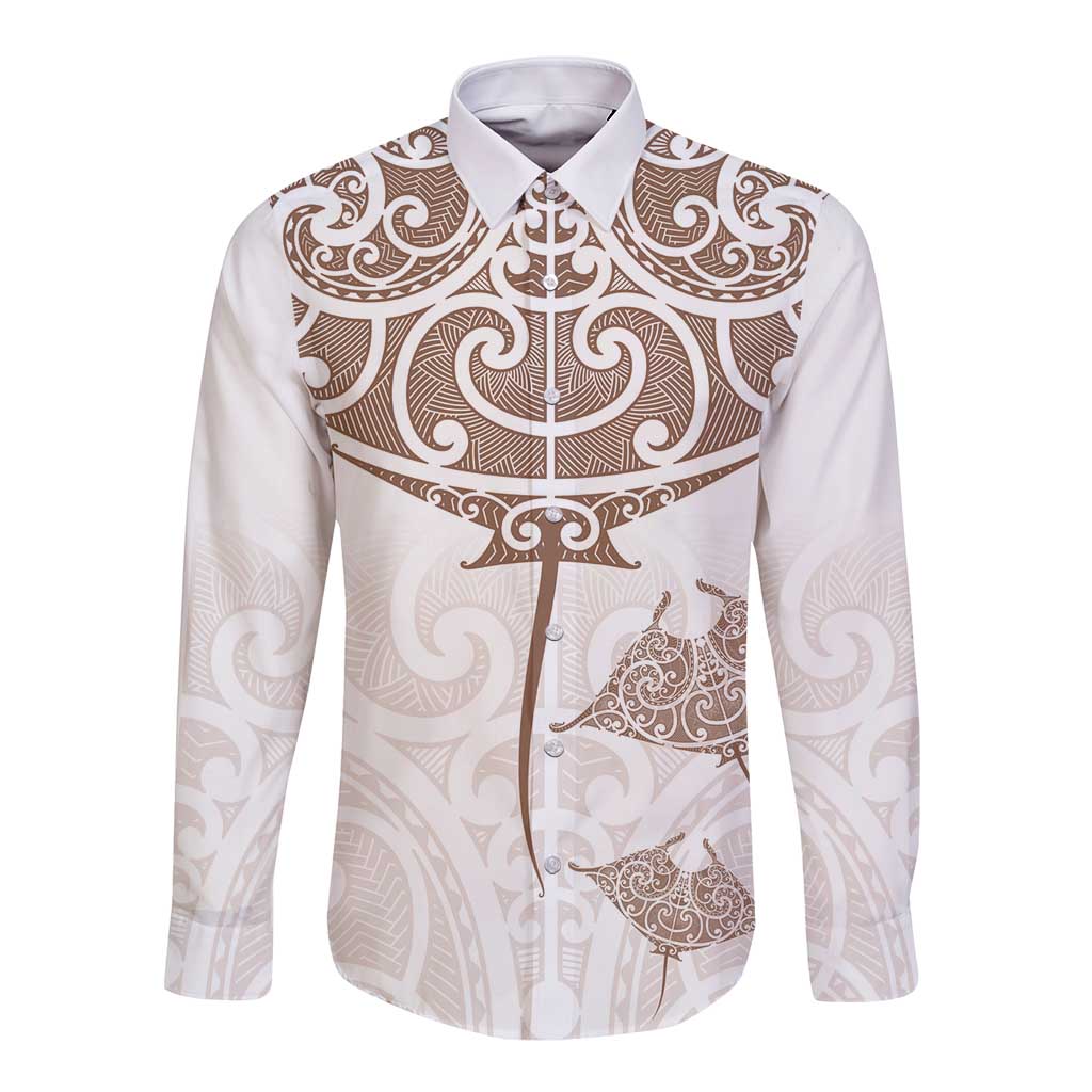 New Zealand Manta Ray Tattoo Long Sleeve Button Shirt Aotearoa Maori Haehae Beige - Vibe Hoodie