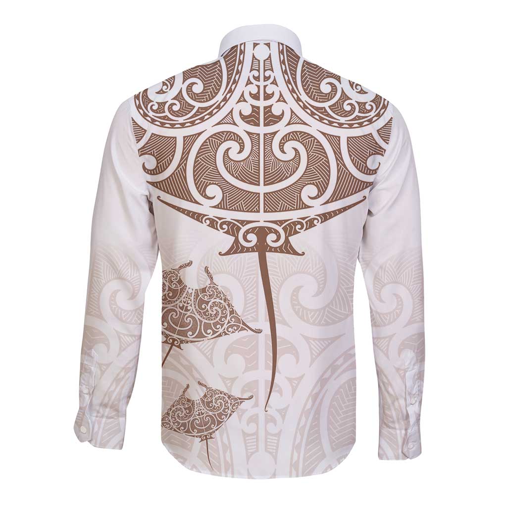 New Zealand Manta Ray Tattoo Long Sleeve Button Shirt Aotearoa Maori Haehae Beige - Vibe Hoodie