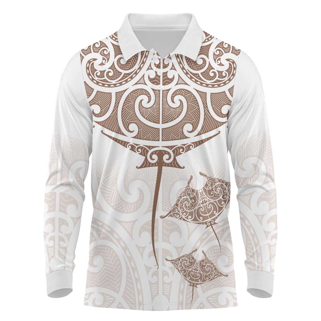 New Zealand Manta Ray Tattoo Long Sleeve Polo Shirt Aotearoa Maori Haehae Beige - Vibe Hoodie