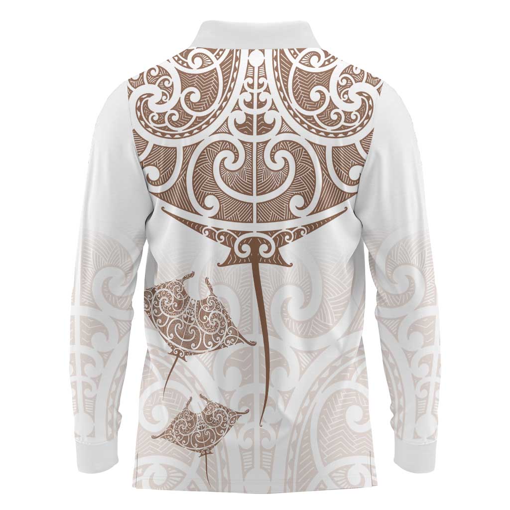 New Zealand Manta Ray Tattoo Long Sleeve Polo Shirt Aotearoa Maori Haehae Beige - Vibe Hoodie