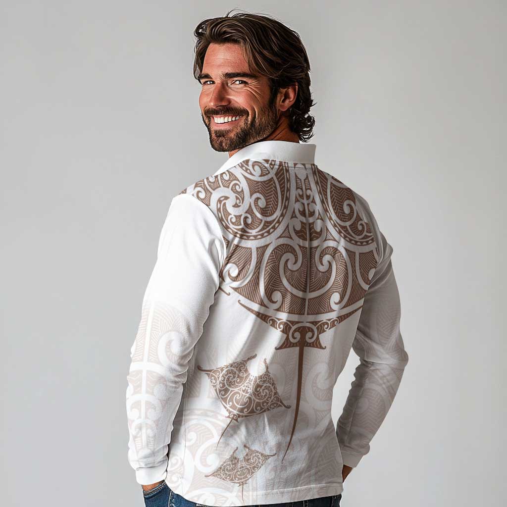 New Zealand Manta Ray Tattoo Long Sleeve Polo Shirt Aotearoa Maori Haehae Beige - Vibe Hoodie