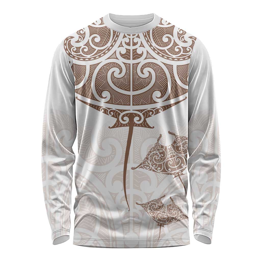 New Zealand Manta Ray Tattoo Long Sleeve Shirt Aotearoa Maori Haehae Beige - Vibe Hoodie