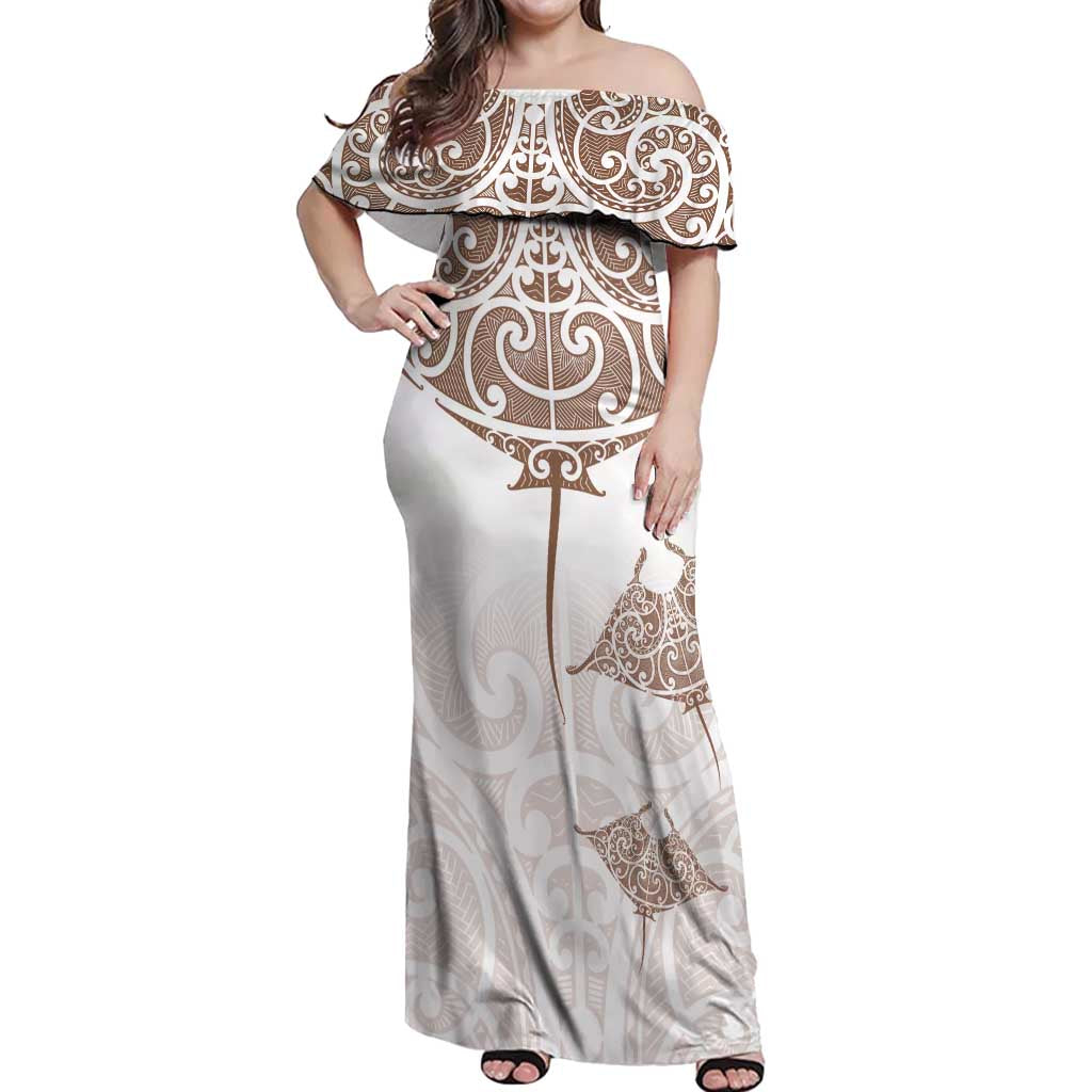 New Zealand Manta Ray Tattoo Off Shoulder Maxi Dress Aotearoa Maori Haehae Beige - Vibe Hoodie