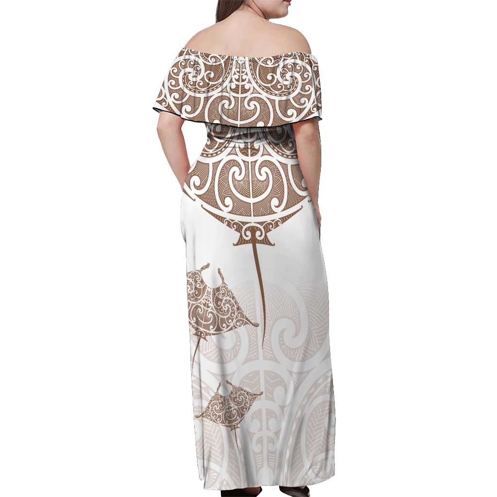 New Zealand Manta Ray Tattoo Off Shoulder Maxi Dress Aotearoa Maori Haehae Beige - Vibe Hoodie