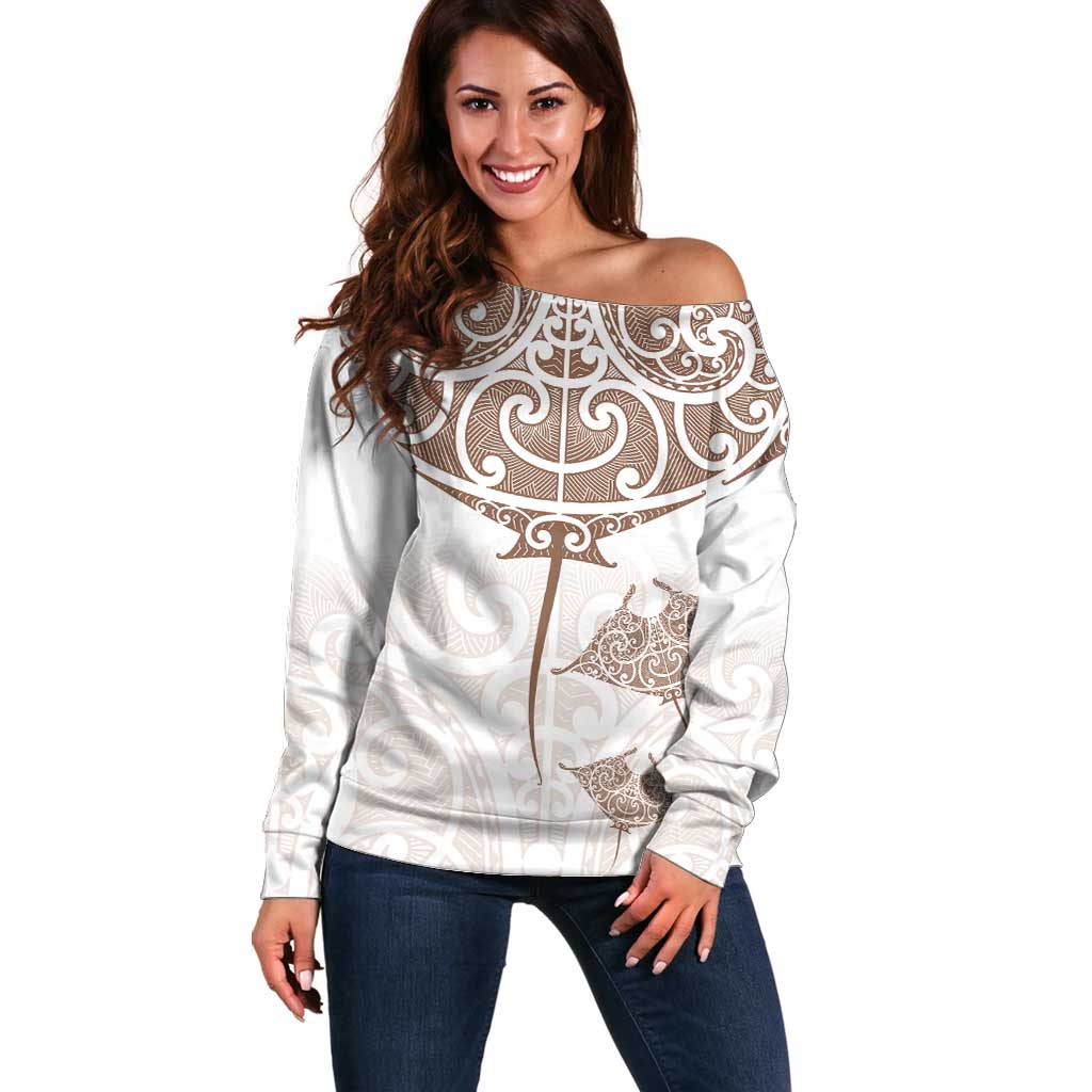 New Zealand Manta Ray Tattoo Off Shoulder Sweater Aotearoa Maori Haehae Beige - Vibe Hoodie