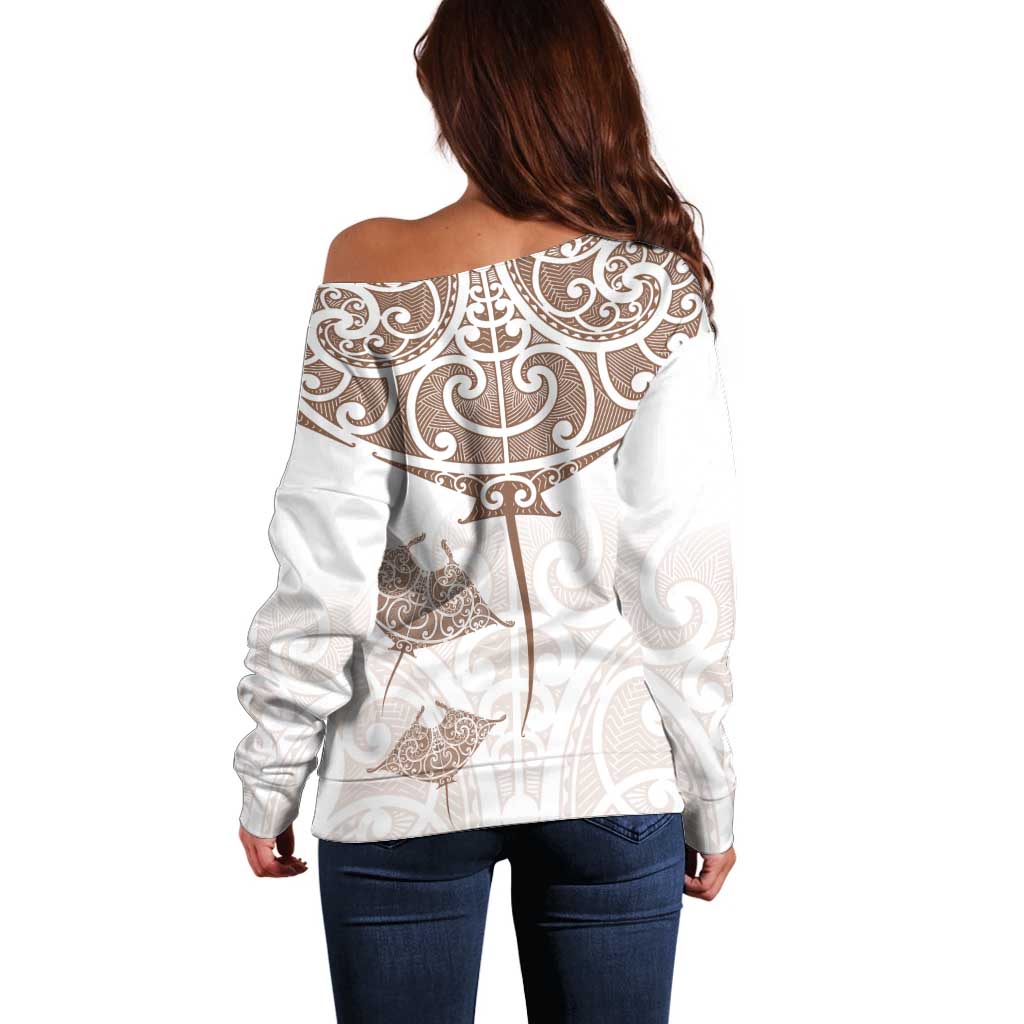 New Zealand Manta Ray Tattoo Off Shoulder Sweater Aotearoa Maori Haehae Beige - Vibe Hoodie