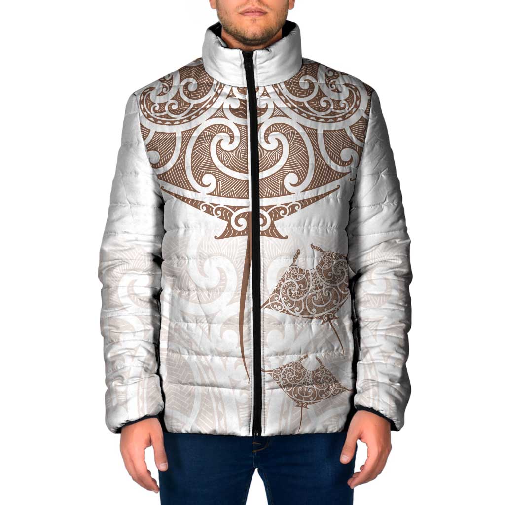 New Zealand Manta Ray Tattoo Padded Jacket Aotearoa Maori Haehae Beige - Vibe Hoodie