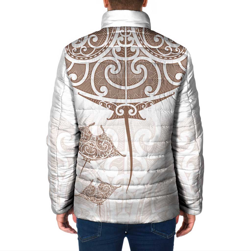 New Zealand Manta Ray Tattoo Padded Jacket Aotearoa Maori Haehae Beige - Vibe Hoodie