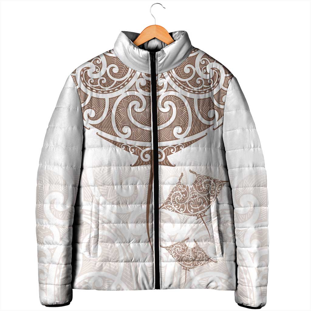 New Zealand Manta Ray Tattoo Padded Jacket Aotearoa Maori Haehae Beige - Vibe Hoodie