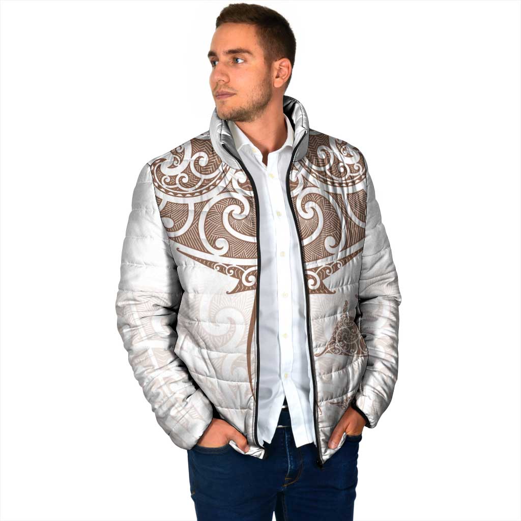 New Zealand Manta Ray Tattoo Padded Jacket Aotearoa Maori Haehae Beige - Vibe Hoodie