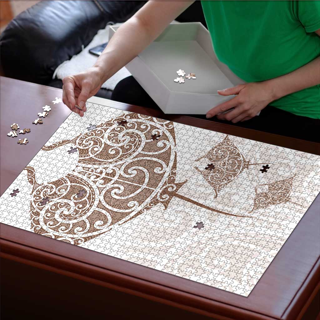 New Zealand Manta Ray Tattoo Puzzle Aotearoa Maori Haehae Beige - Vibe Hoodie