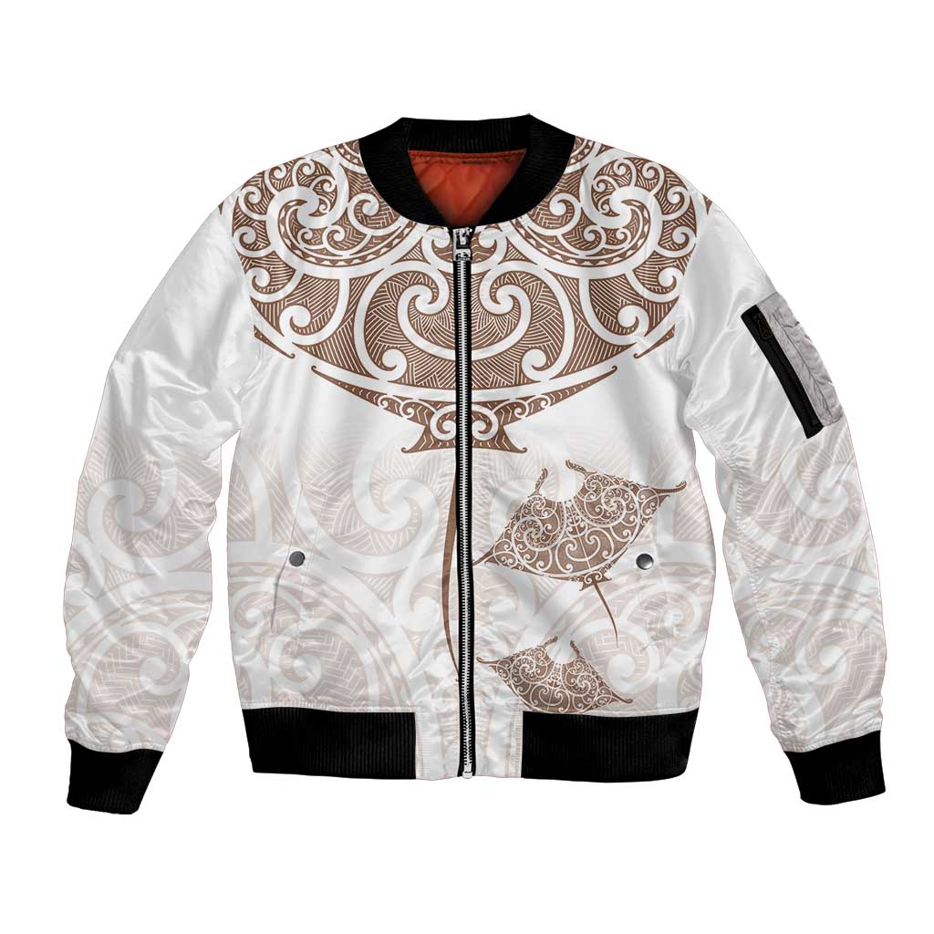 New Zealand Manta Ray Tattoo Sleeve Zip Bomber Jacket Aotearoa Maori Haehae Beige - Vibe Hoodie
