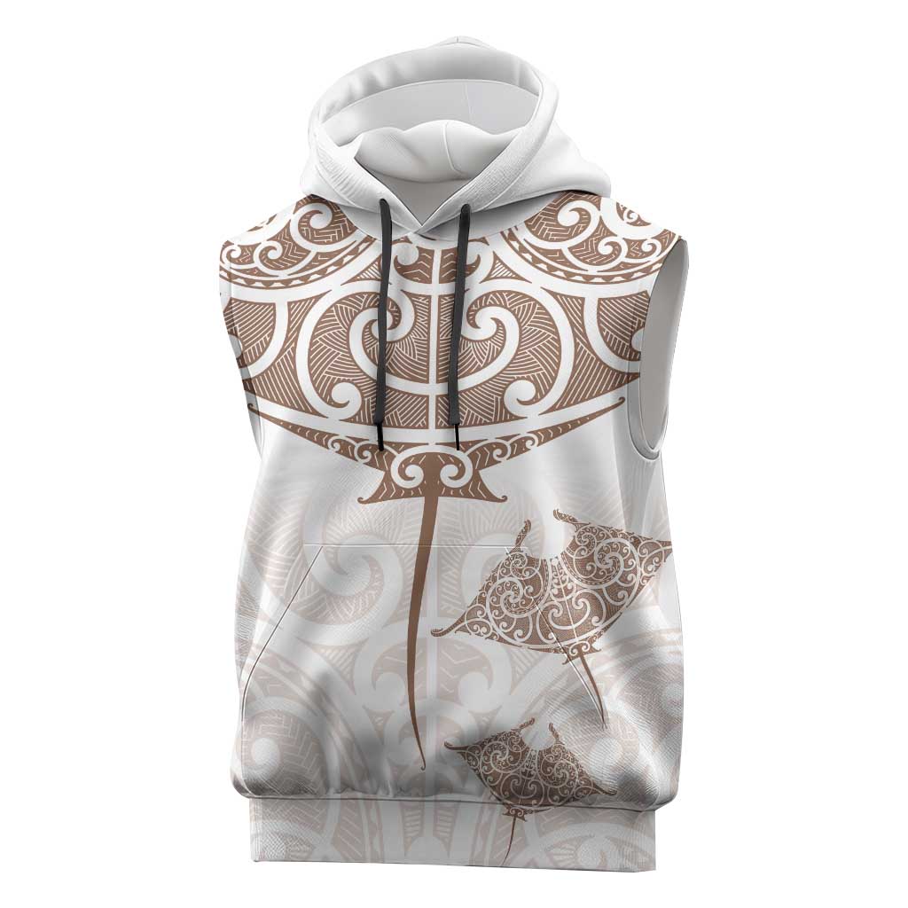 New Zealand Manta Ray Tattoo Sleeveless Hoodie Aotearoa Maori Haehae Beige - Vibe Hoodie