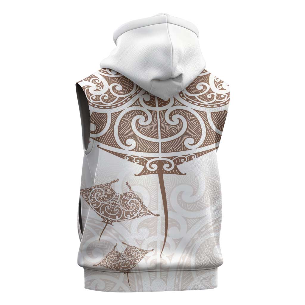 New Zealand Manta Ray Tattoo Sleeveless Hoodie Aotearoa Maori Haehae Beige - Vibe Hoodie