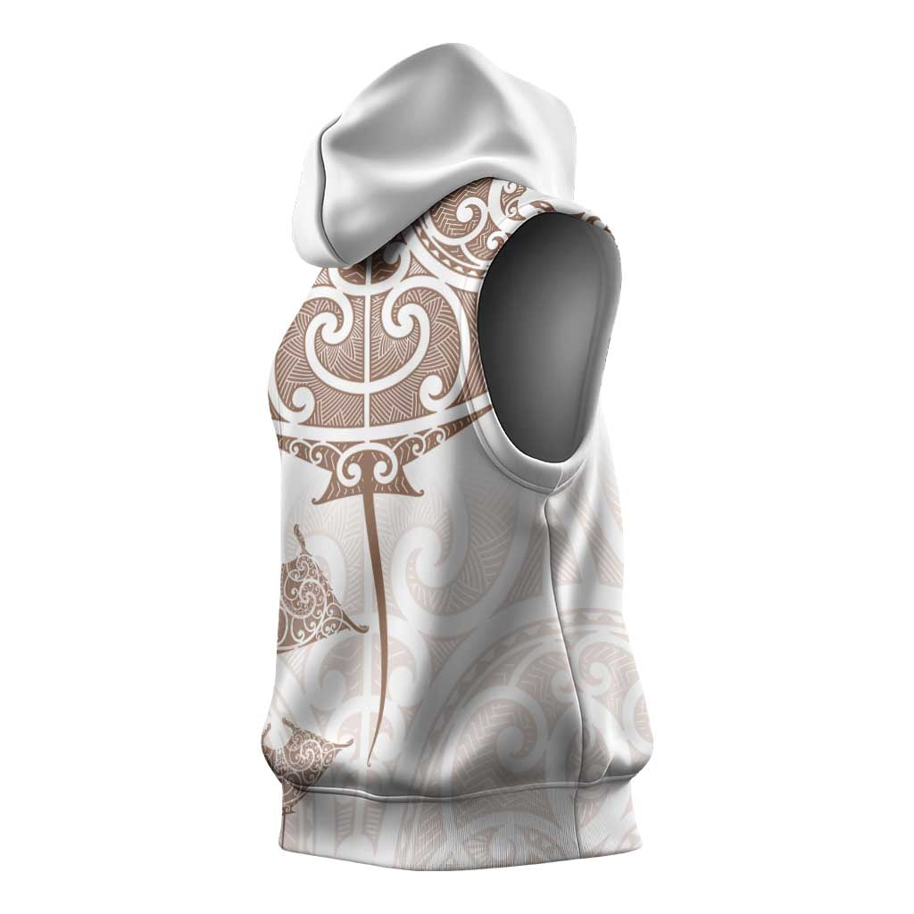 New Zealand Manta Ray Tattoo Sleeveless Hoodie Aotearoa Maori Haehae Beige - Vibe Hoodie