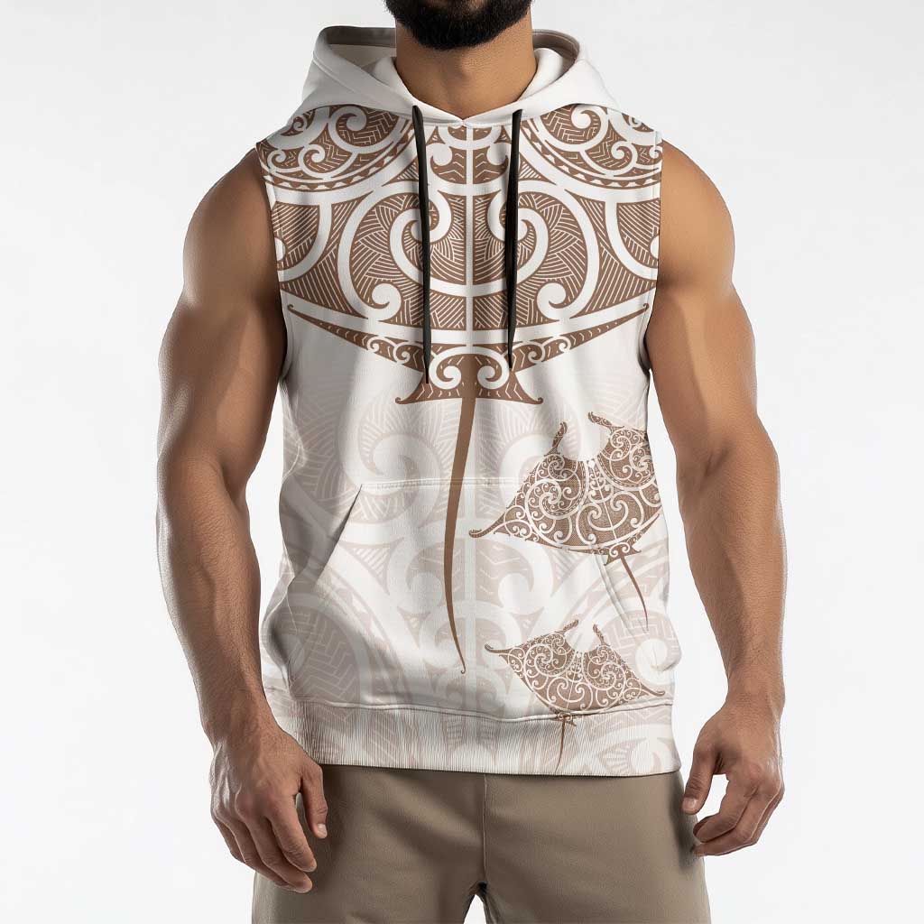 New Zealand Manta Ray Tattoo Sleeveless Hoodie Aotearoa Maori Haehae Beige - Vibe Hoodie