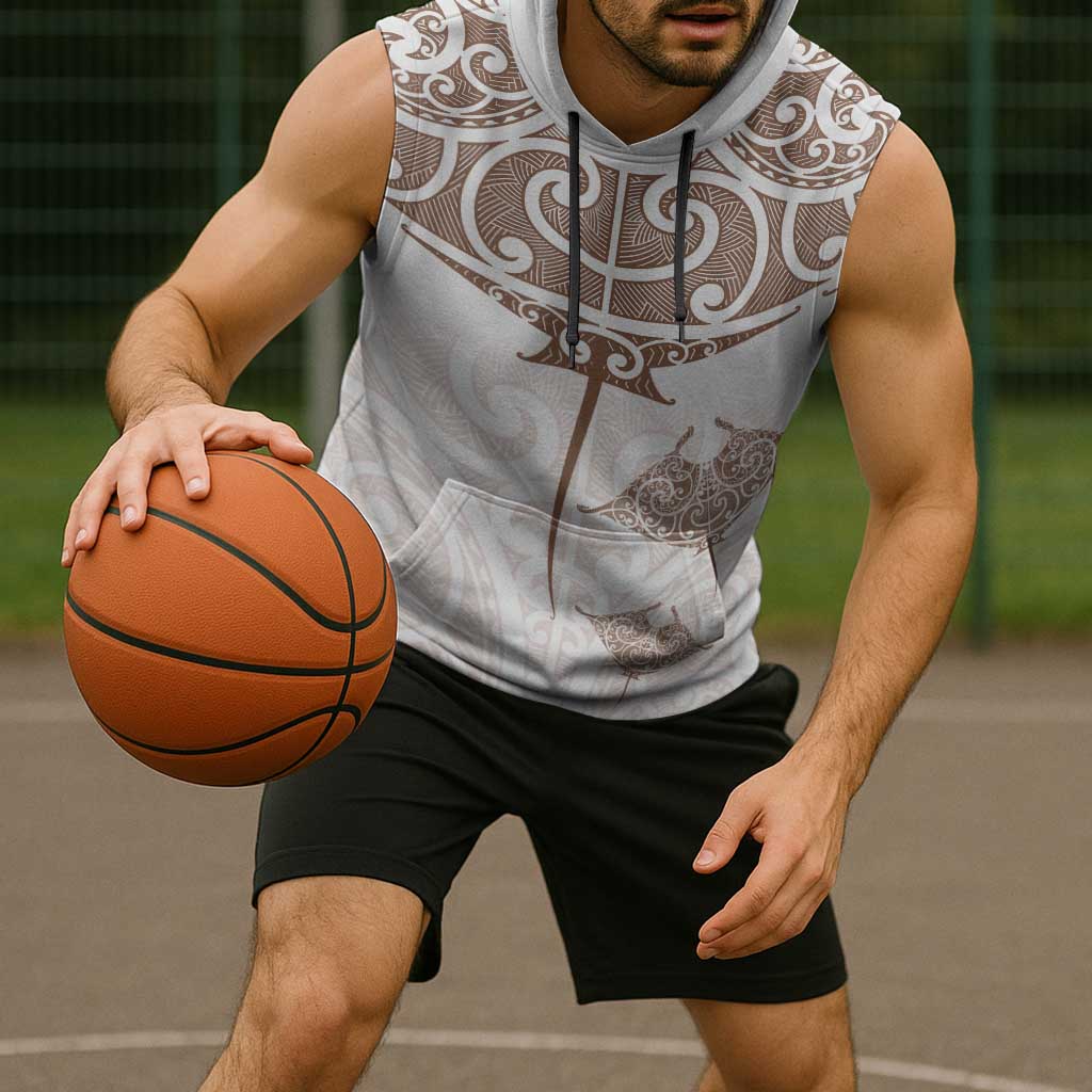 New Zealand Manta Ray Tattoo Sleeveless Hoodie Aotearoa Maori Haehae Beige - Vibe Hoodie