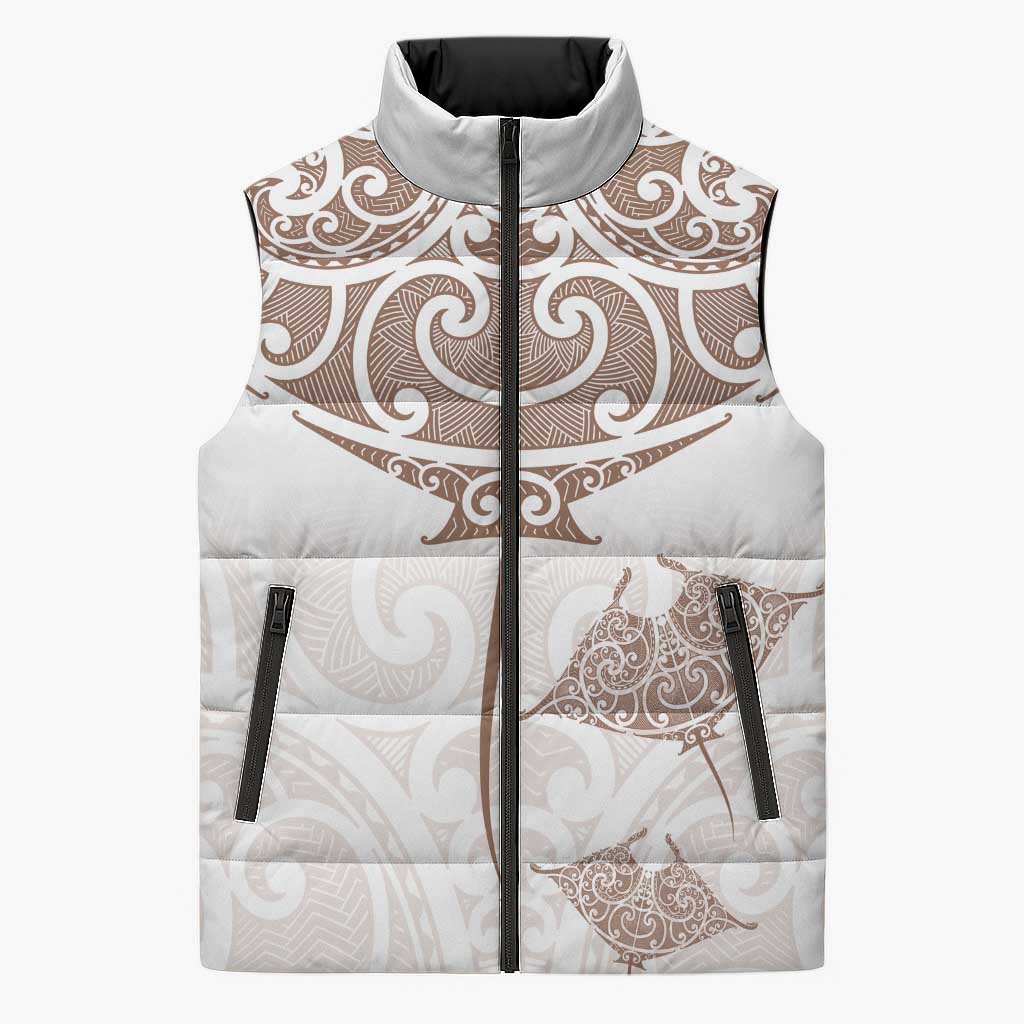 New Zealand Manta Ray Tattoo Sleeveless Puffer Jacket Aotearoa Maori Haehae Beige - Vibe Hoodie