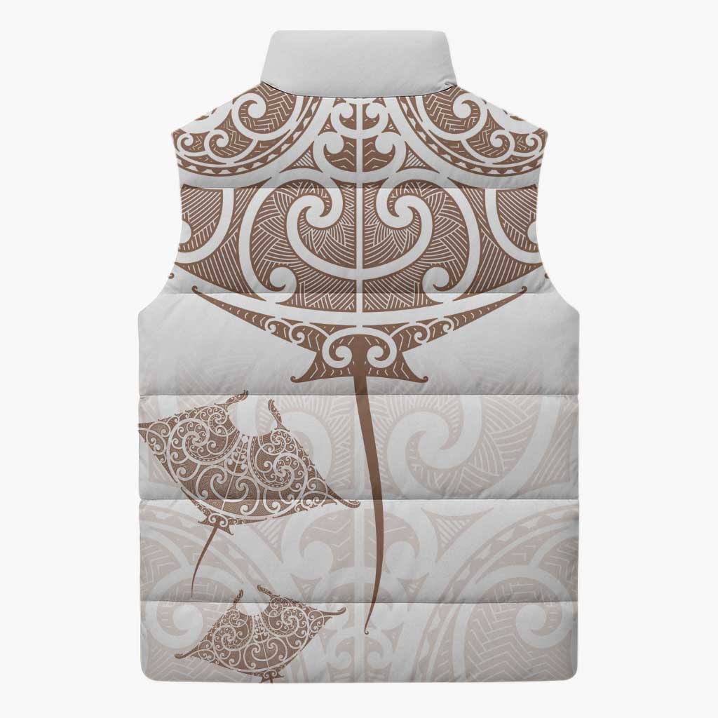 New Zealand Manta Ray Tattoo Sleeveless Puffer Jacket Aotearoa Maori Haehae Beige - Vibe Hoodie