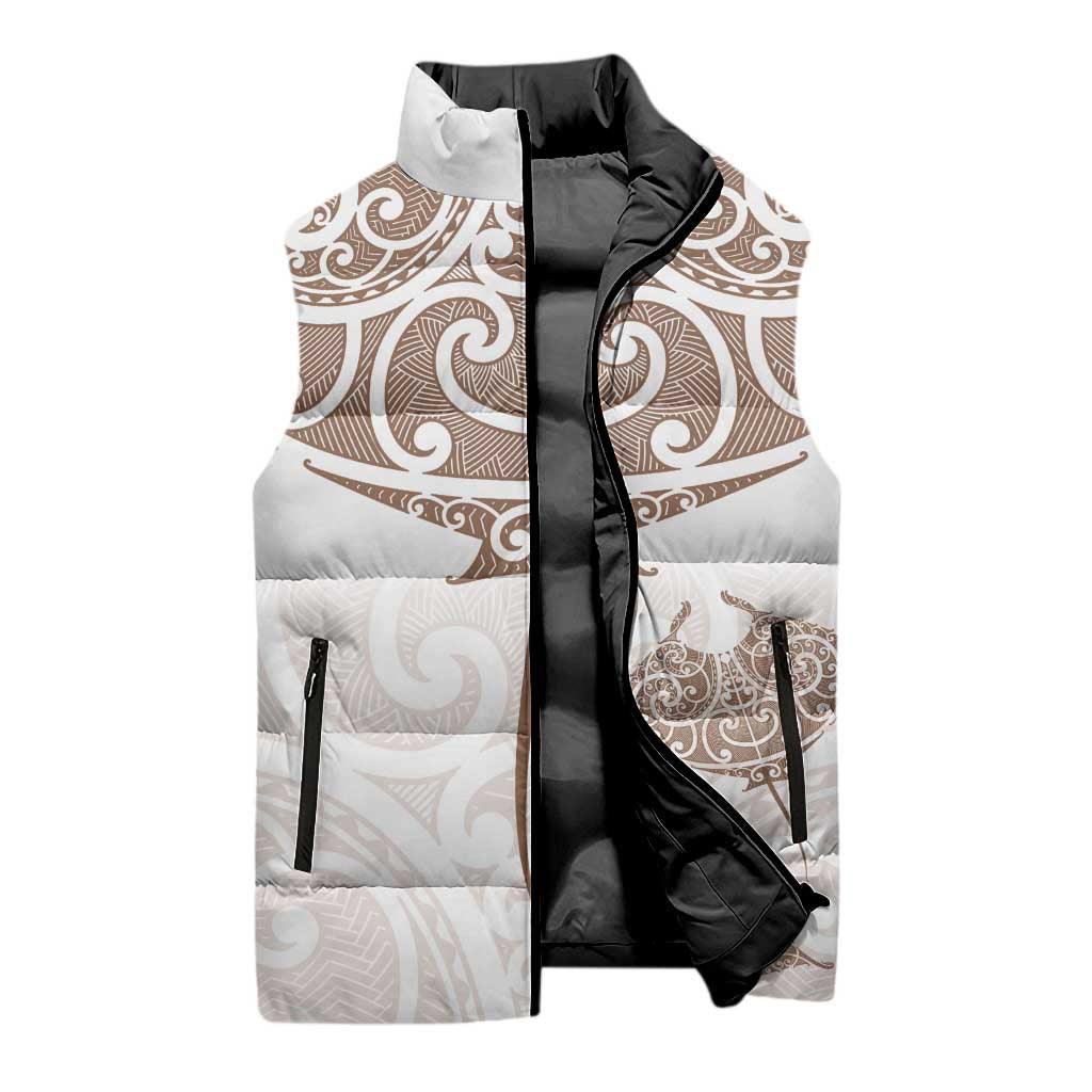 New Zealand Manta Ray Tattoo Sleeveless Puffer Jacket Aotearoa Maori Haehae Beige - Vibe Hoodie