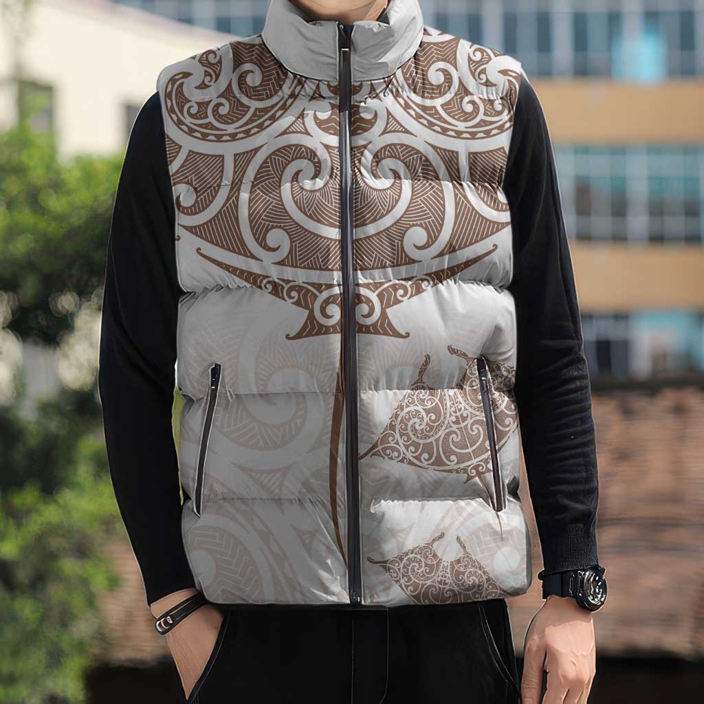 New Zealand Manta Ray Tattoo Sleeveless Puffer Jacket Aotearoa Maori Haehae Beige - Vibe Hoodie