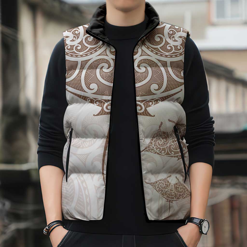 New Zealand Manta Ray Tattoo Sleeveless Puffer Jacket Aotearoa Maori Haehae Beige - Vibe Hoodie